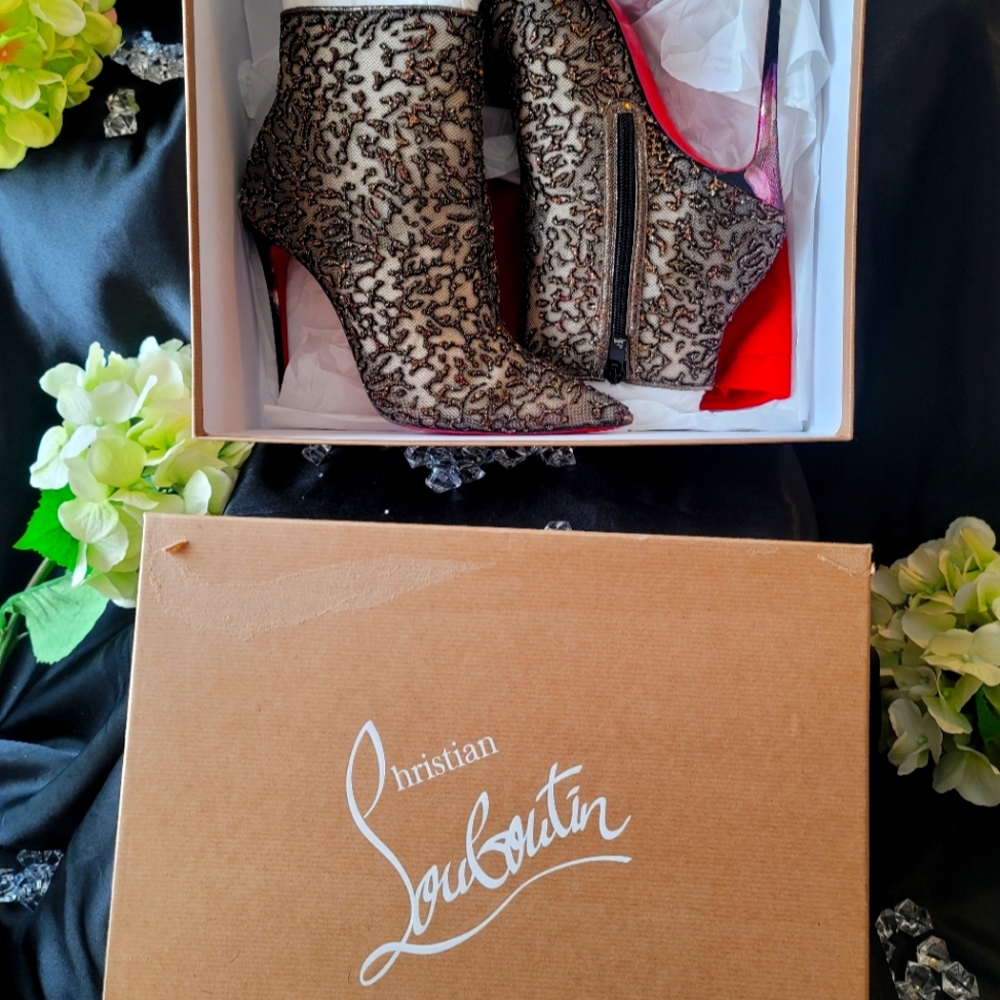 Christian Loubotin Nancy Ankle Boots w/ Glitter Embellished Mesh Accents